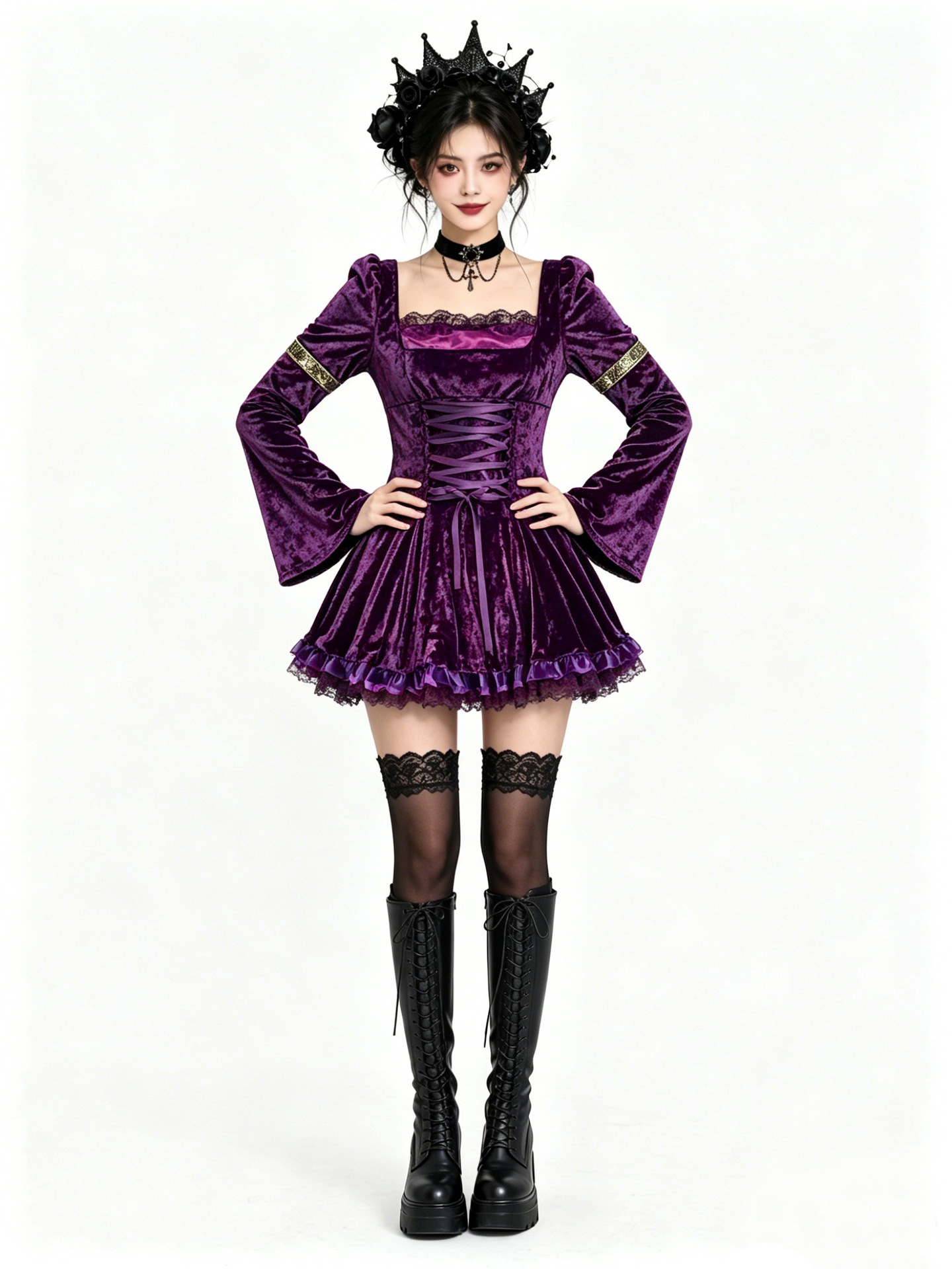 Gothic Vampire Mini Dress - Women Dark Lace Devil Costume